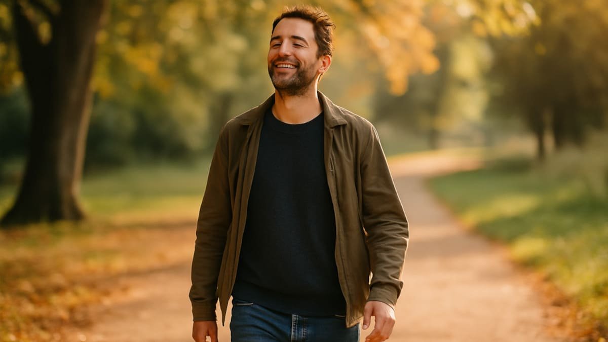 persona caminando al aire libre disfrutando una sensacion de motivacion equilibrada