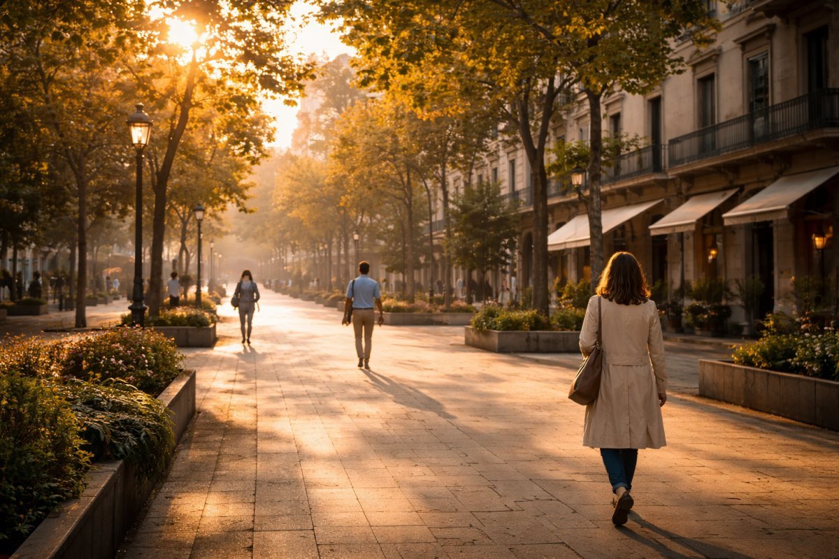 Avenida urbana al amanecer con pocas personas caminando despacio mientras la luz dorada ilumina edificios y árboles