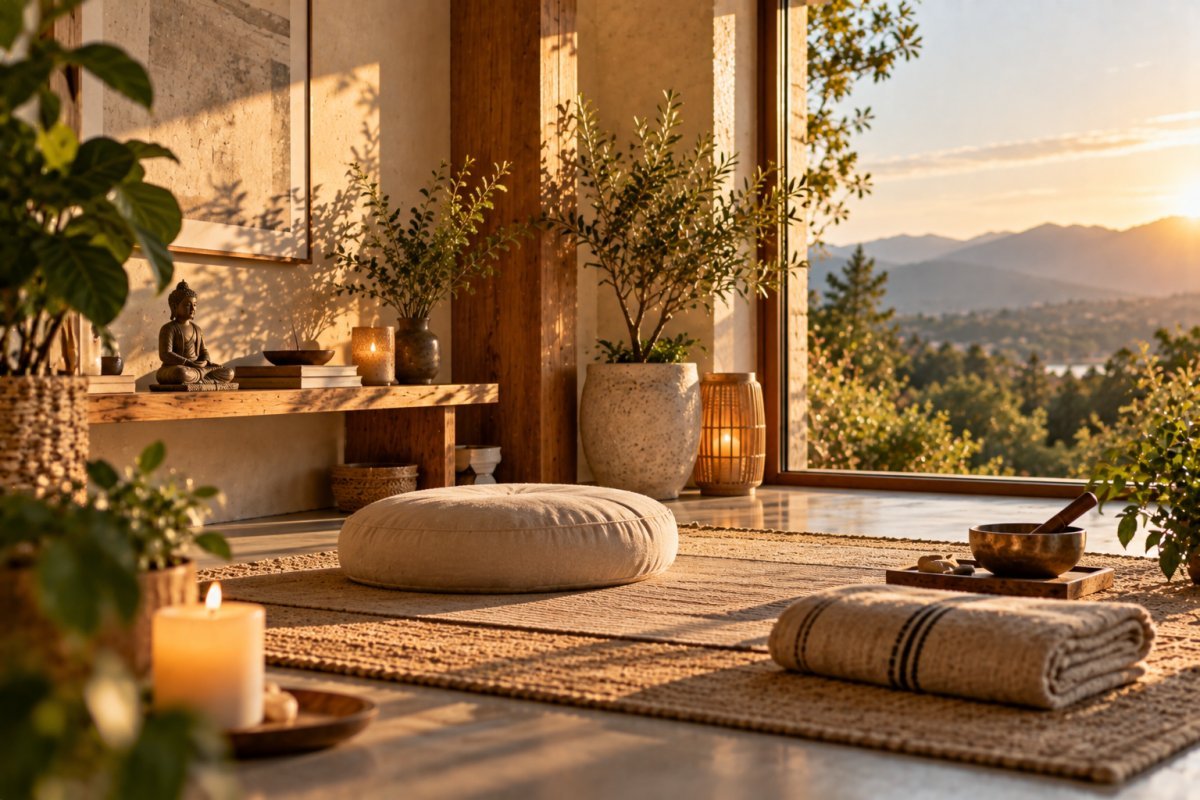 Espacio ordenado para meditar, destacando la importancia del orden