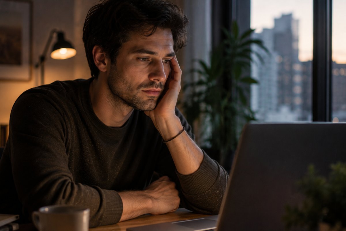 Un hombre joven frente a una laptop con expresión reflexiva