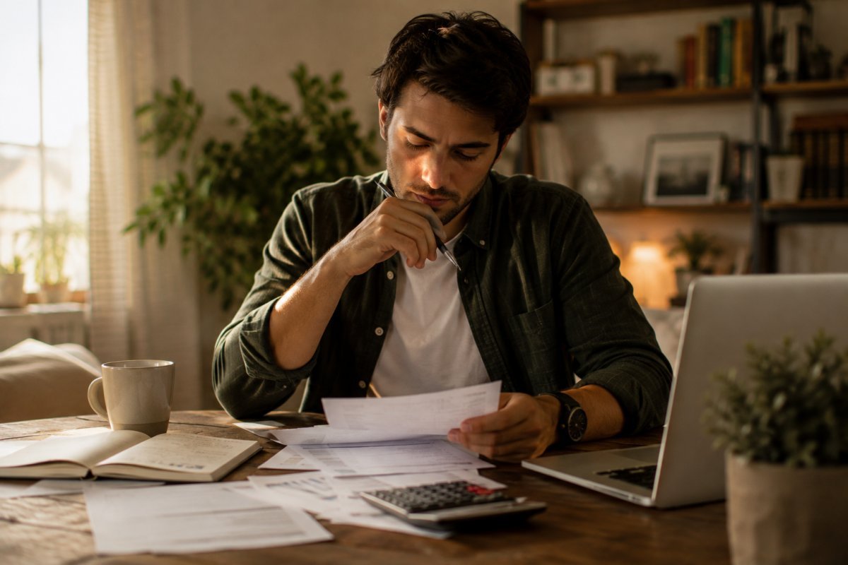 Un hombre reflexionando mientras revisa sus finanzas personales