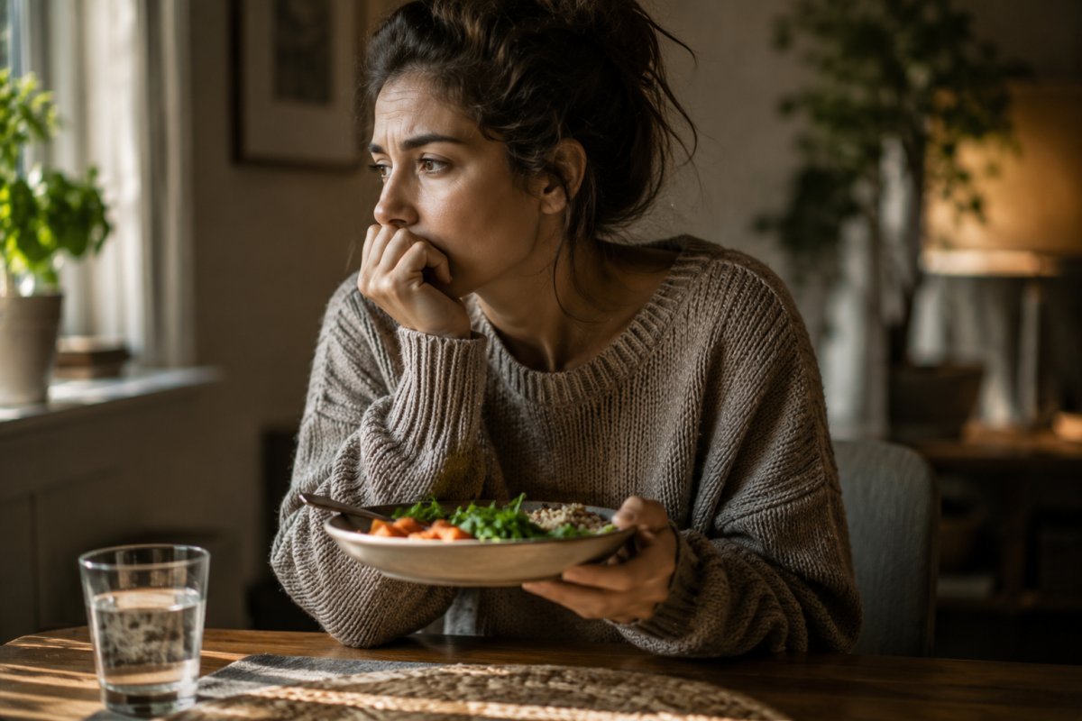 Persona reflexionando mientras sostiene un plato de comida
