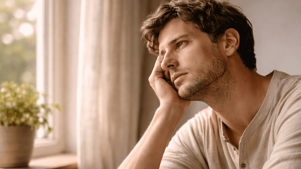 persona sentada junto a ventana con gesto reflexivo y luz natural suave
