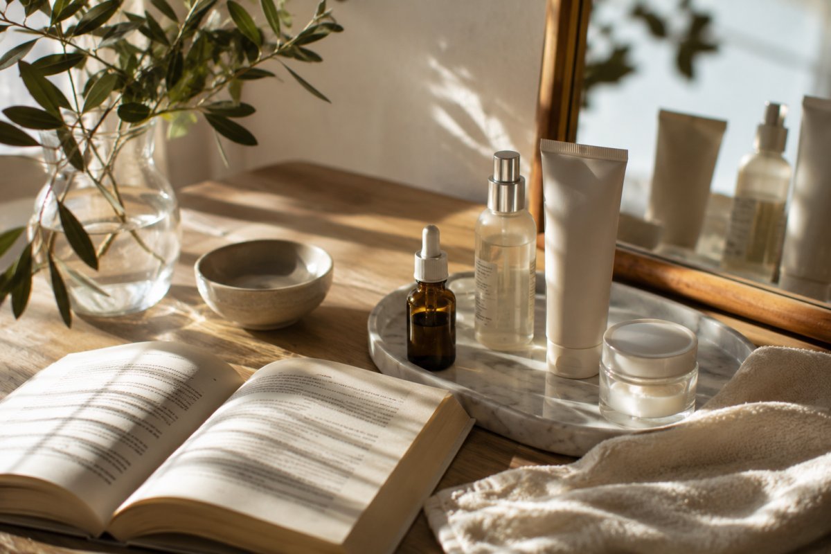 Una mesa con productos de skincare minimalistas y un libro abierto