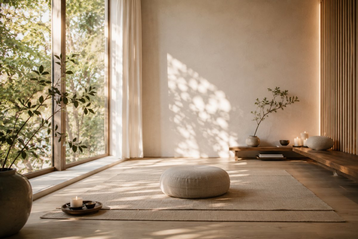 Un espacio de meditación minimalista, lleno de luz natural