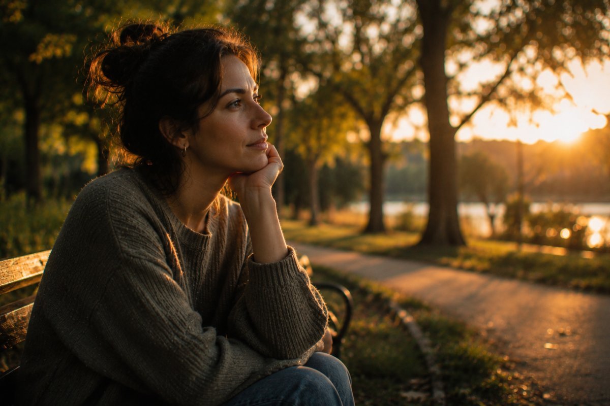 mujer reflexionando en un parque al atardecer