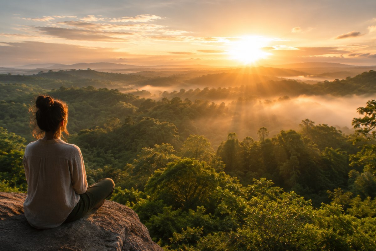 Un amanecer sobre un bosque verde, simbolizando energía renovada