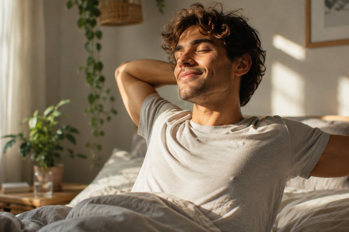Un hombre joven despierta con una piel radiante después de un sueño reparador