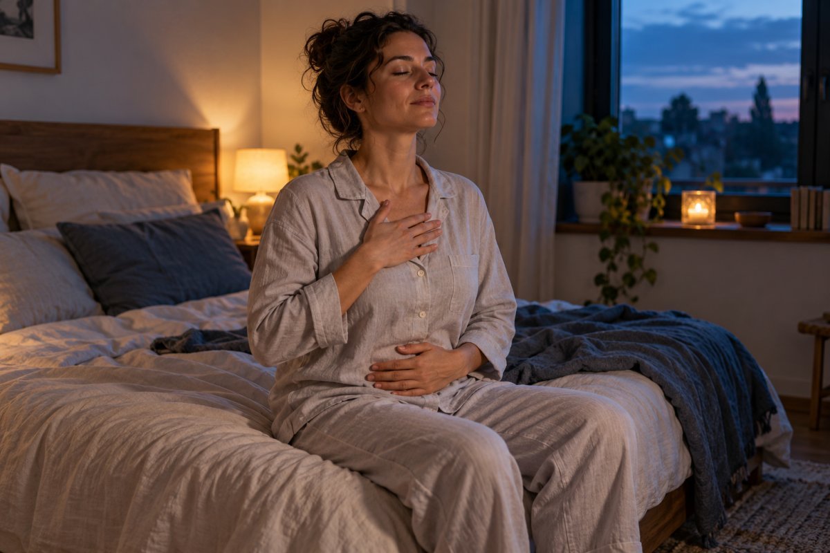 Persona practicando respiración profunda para un sueño reparador