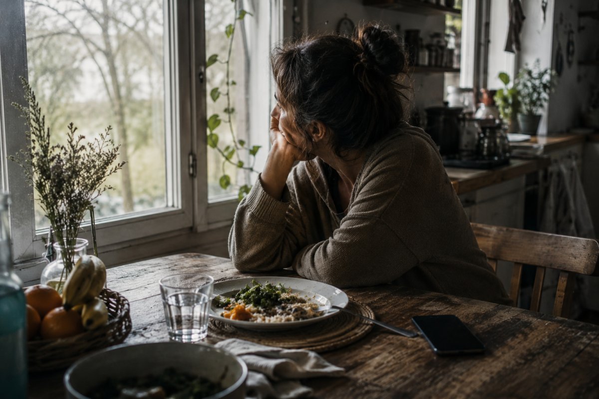 un plato de comida casera parcialmente servido sobre una mesa desordenada mientras una mujer adulta mira por la ventana con expresión cansada y el teléfono apagado a un lado
