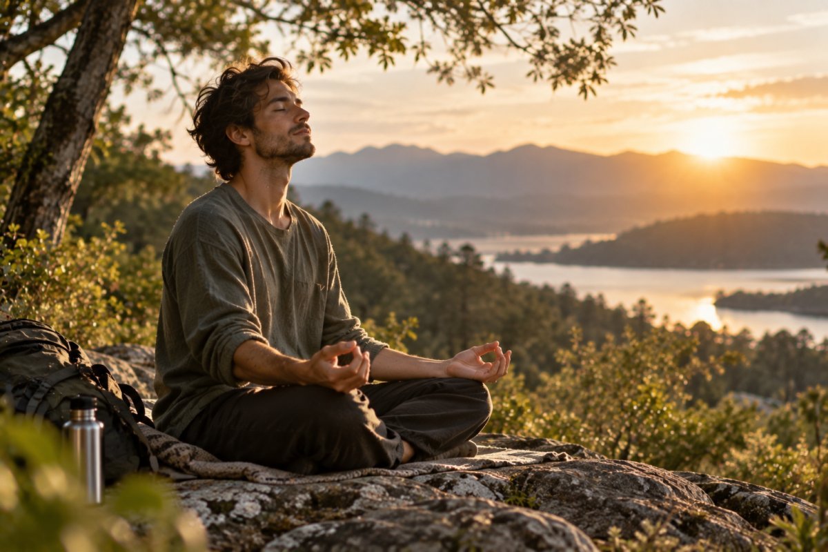 Persona meditando al aire libre, tiempo consciente y salud mental
