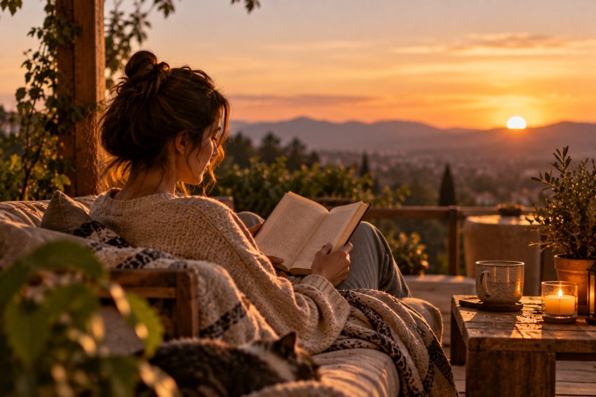 Persona disfrutando de la lectura al atardecer