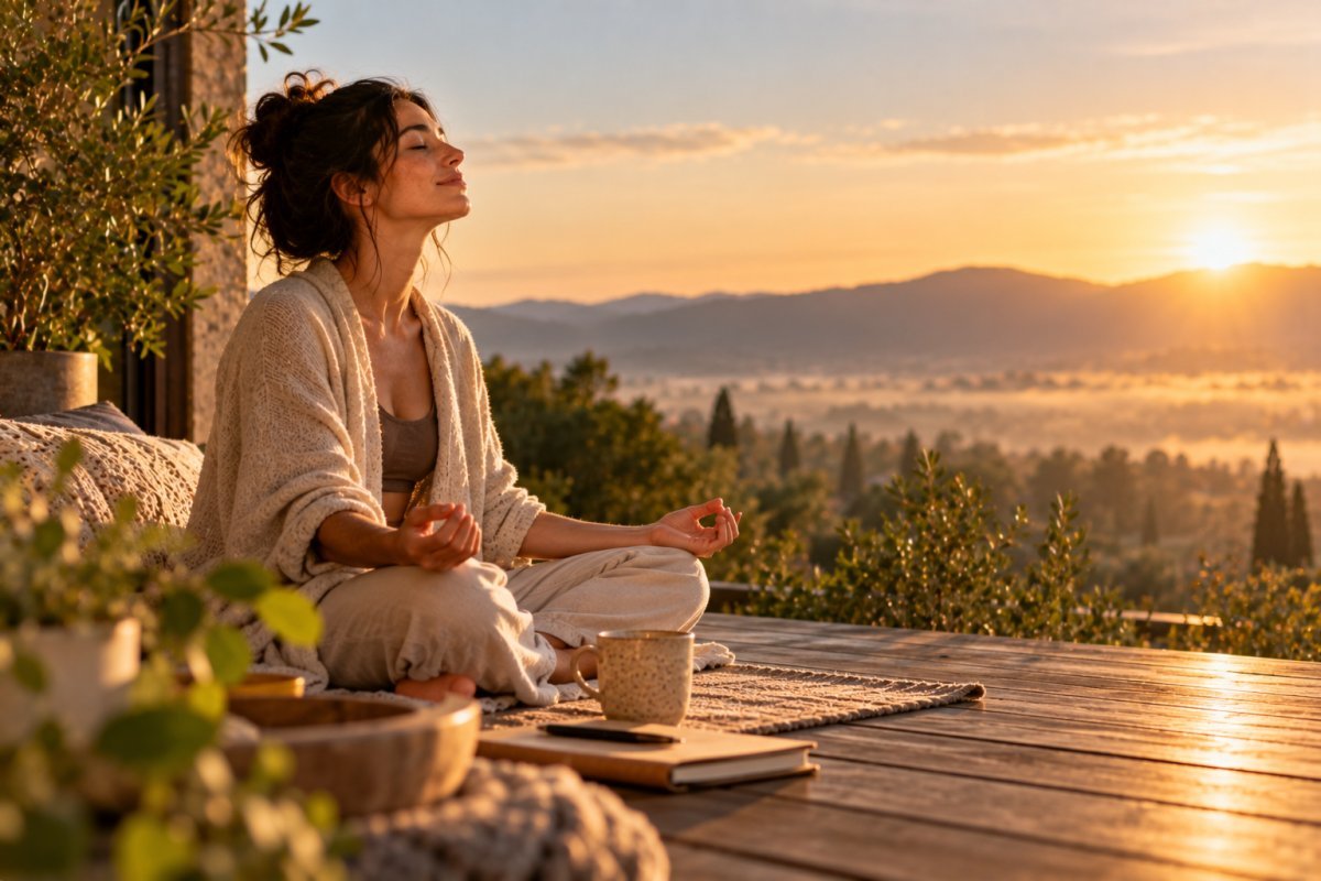 Persona meditando al amanecer para comenzar el día con intención y claridad