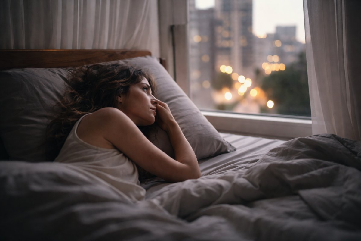 Luz de ciudad entrando por una ventana mientras un cuerpo permanece despierto en la madrugada sin lograr descansar
