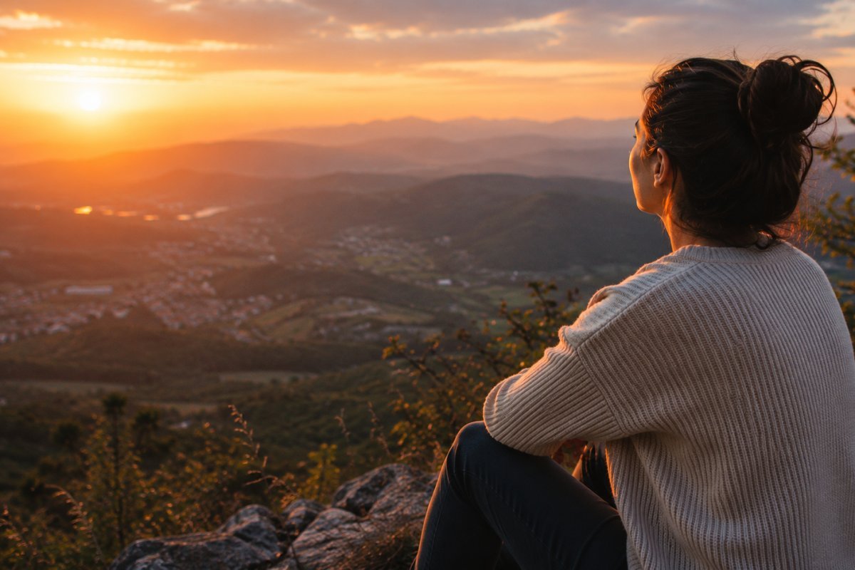 Una mujer reflexiona mientras mira al horizonte desde una colina