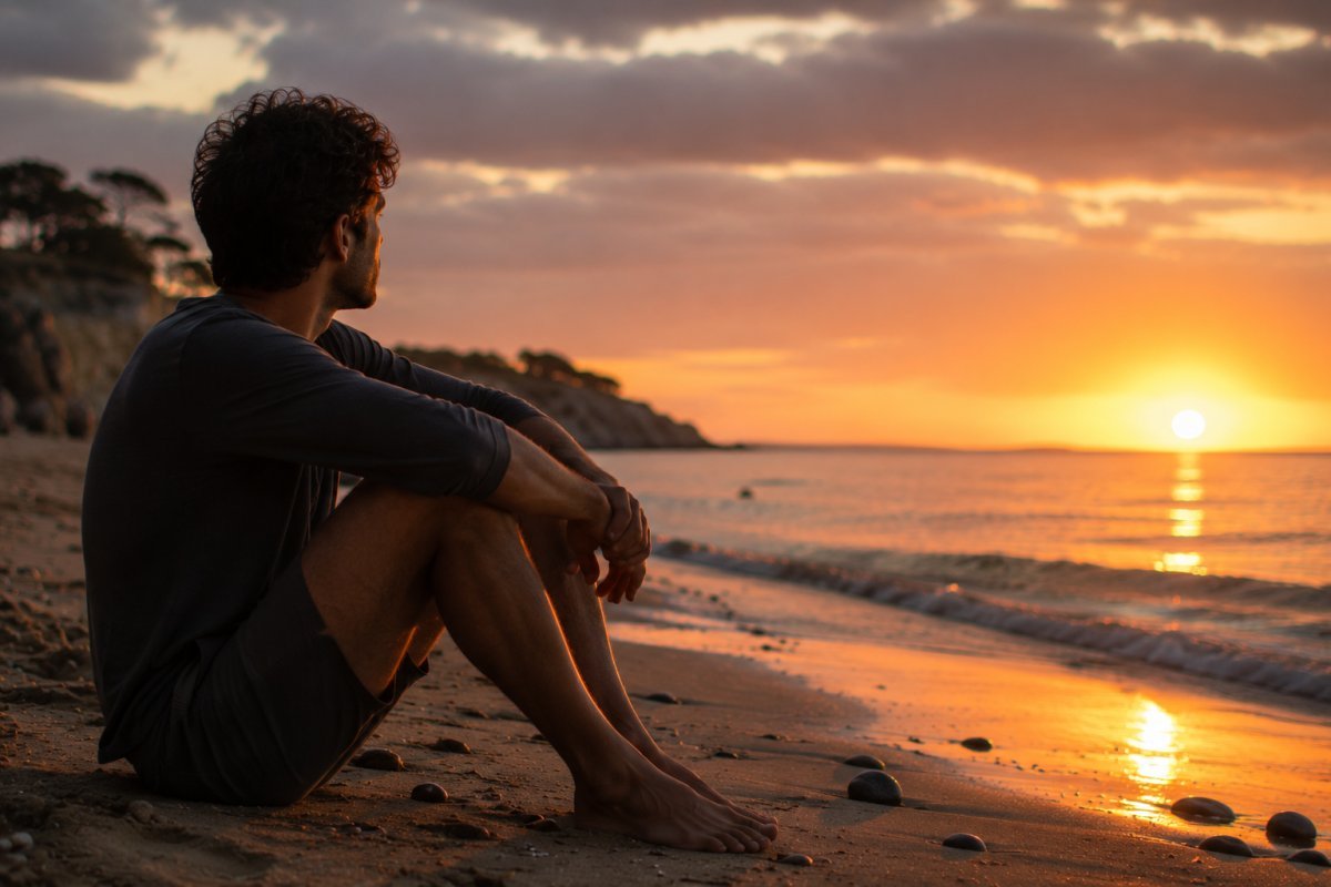 Un hombre contemplativo al atardecer en una playa tranquila