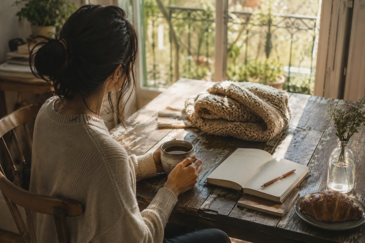 una mesa desordenada con una libreta abierta, una manta doblada y luz de tarde entrando por la ventana en un día silencioso