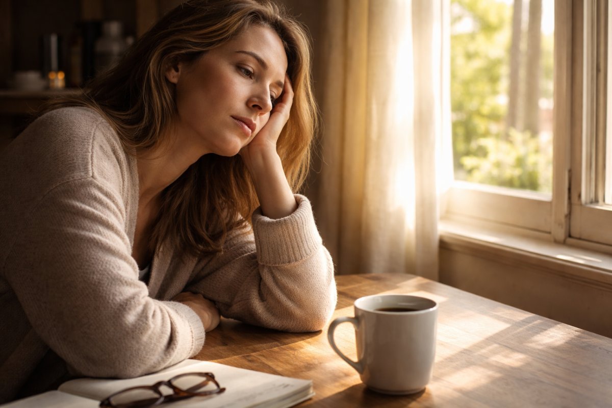 Mujer adulta con Luz de la mañana entrando por una ventana mientras una taza de café se enfría sin tocar 