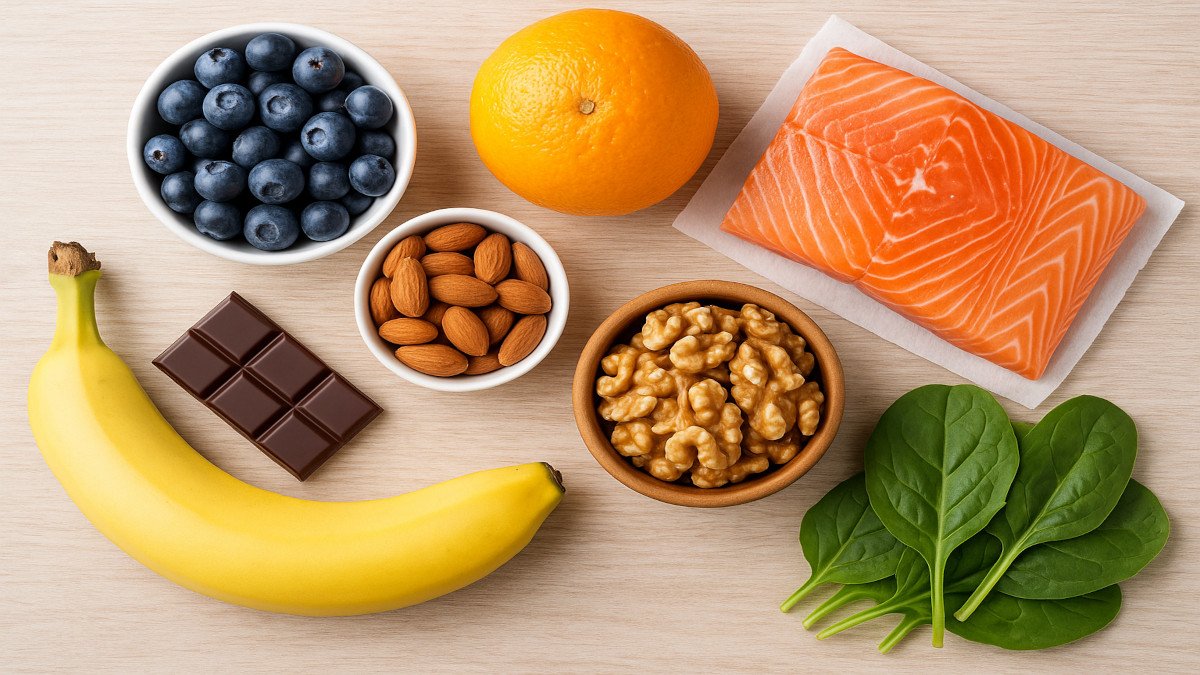 Mesa con frutas, chocolate oscuro, nueces y salmón representando alimentos que elevan el ánimo