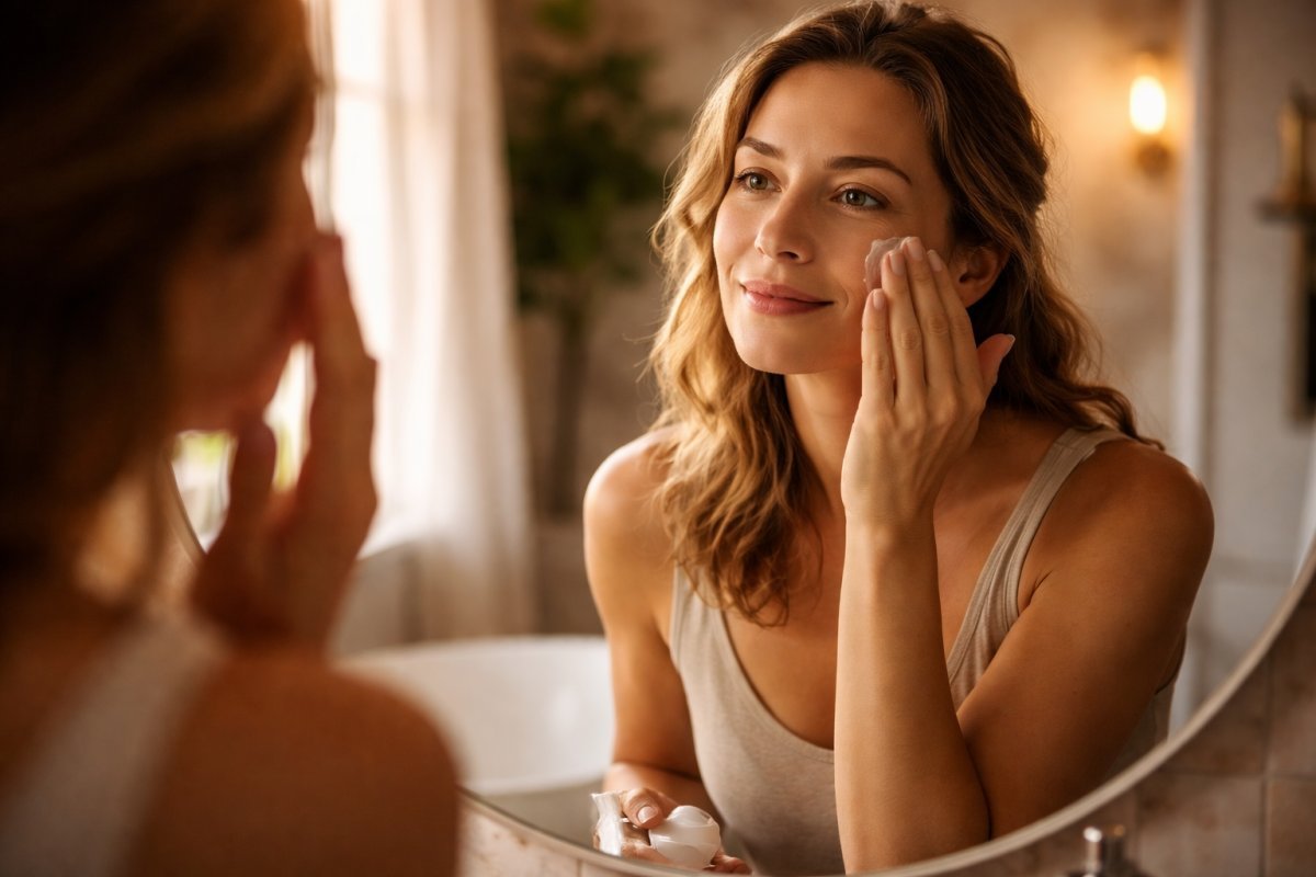 Mujer adulta observando su rostro en un espejo de baño con luz suave mientras se aplica crema facial por la mañana
