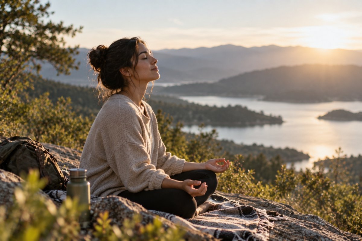 Persona meditando al aire libre abrazando el cambio con slow living