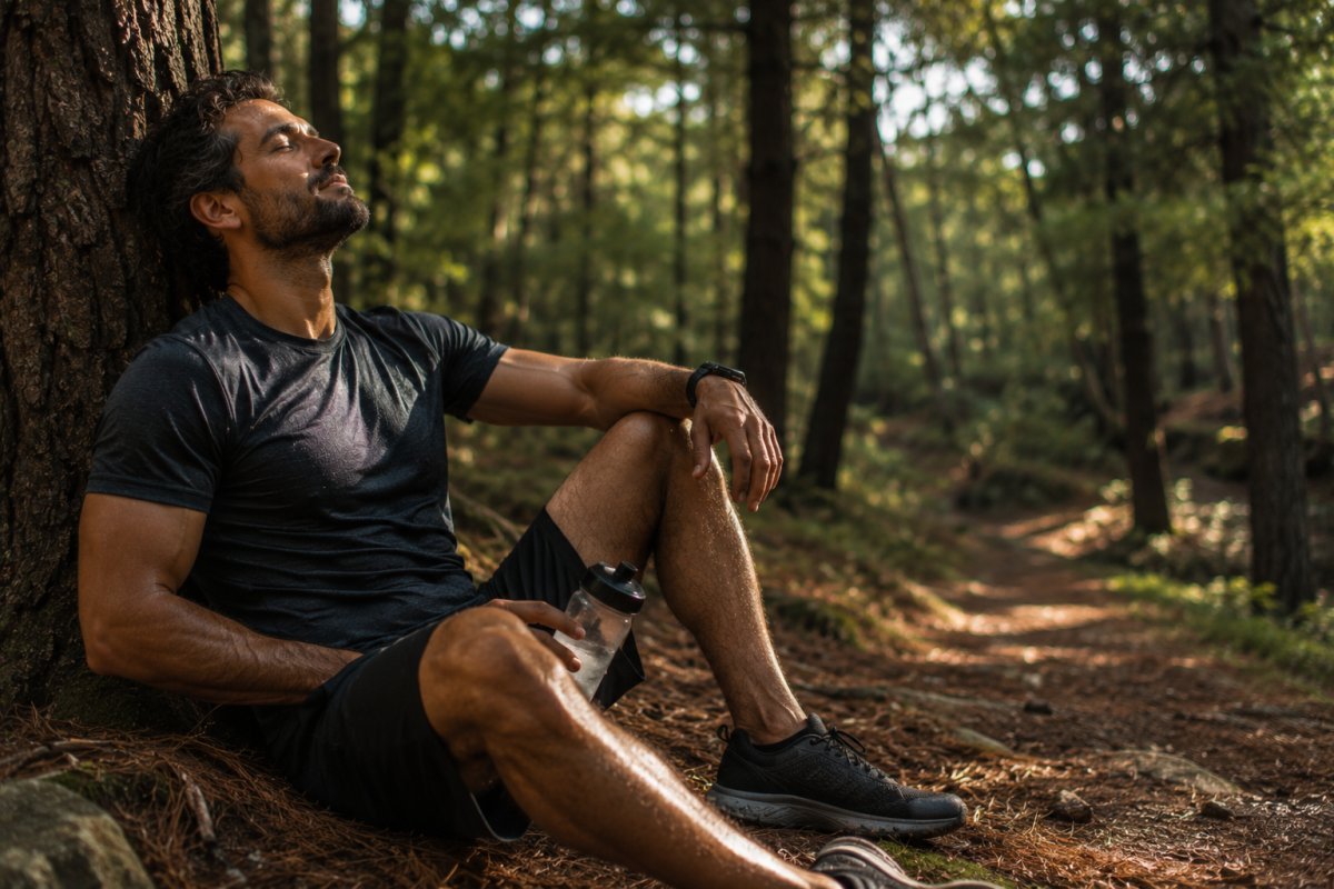 Un hombre relajándose en un bosque tras una sesión de ejercicio
