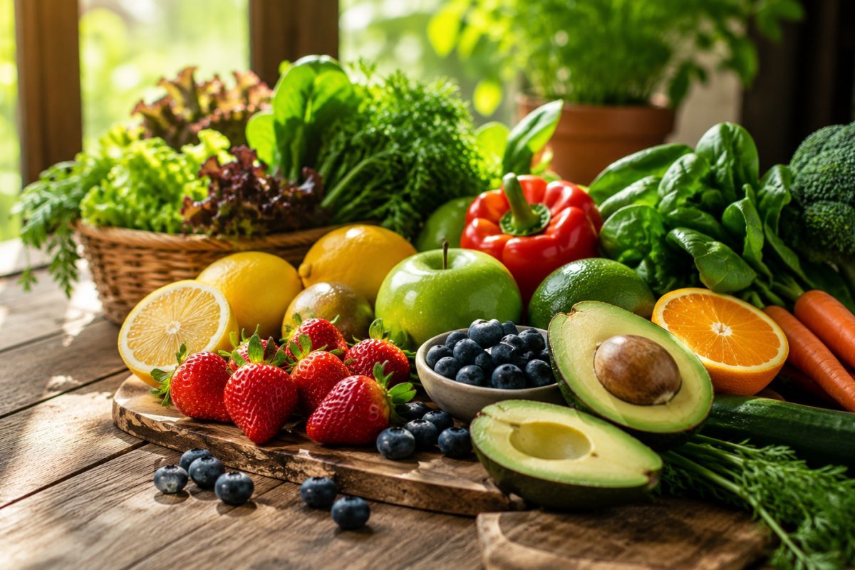 Frutas y verduras frescas sobre una mesa de madera