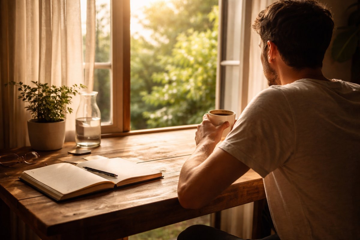 Hombre joven con Luz de la mañana entrando por una ventana mientras una libreta abierta y una taza de café descansan sobre una mesa de madera