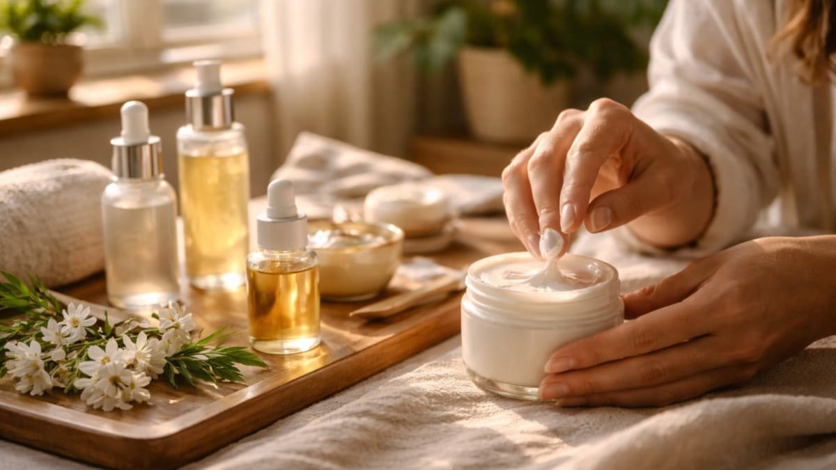 texturas de skincare con frascos de vidrio y luz natural