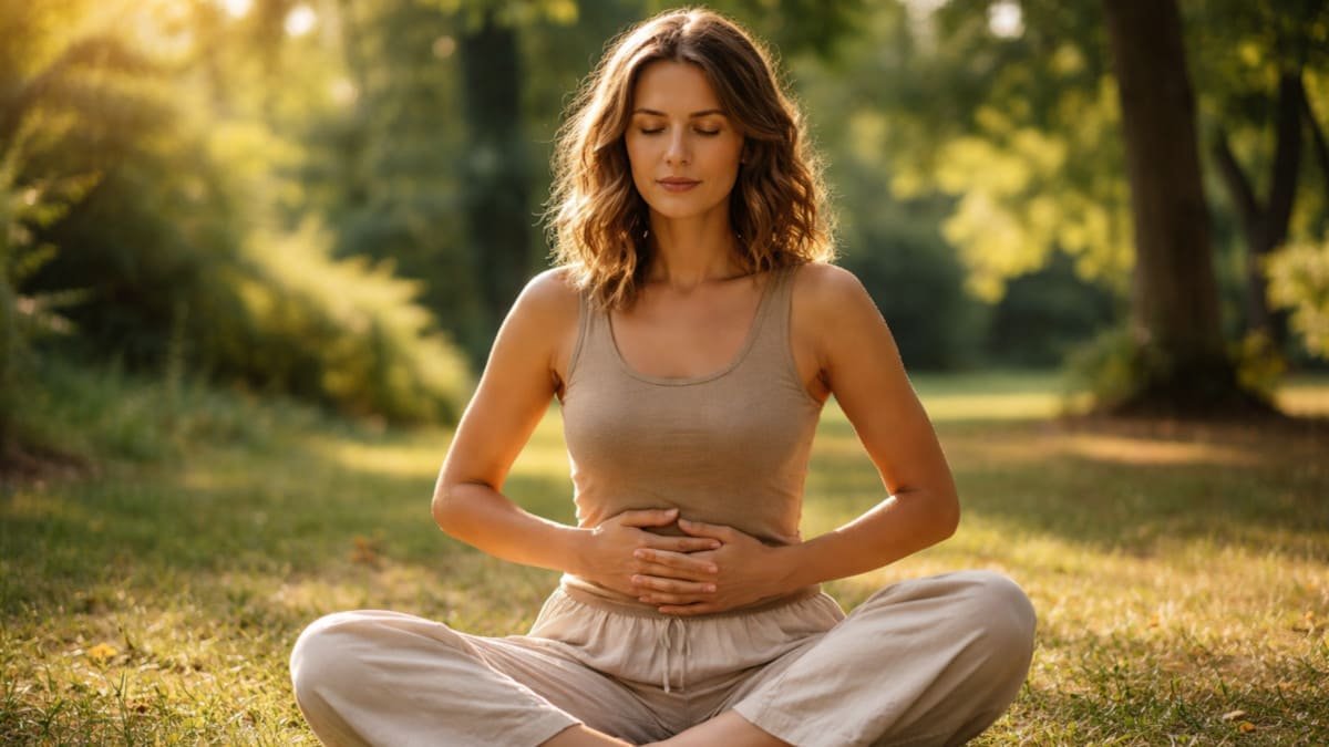 persona sentada en calma con manos sobre el abdomen en un entorno natural