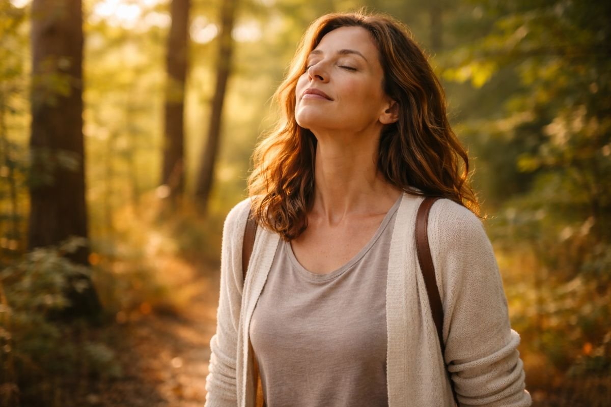 Mujer adulta caminando entre árboles respirando profundamente con luz natural