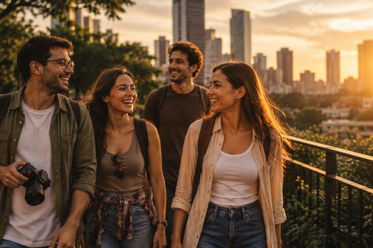 Un grupo de amigos explorando un parque en la ciudad al atardecer