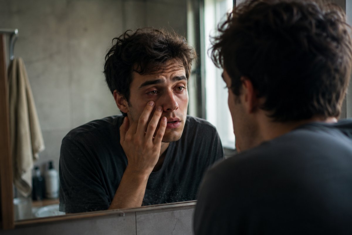Un hombre joven mirando su reflejo con expresión de cansancio