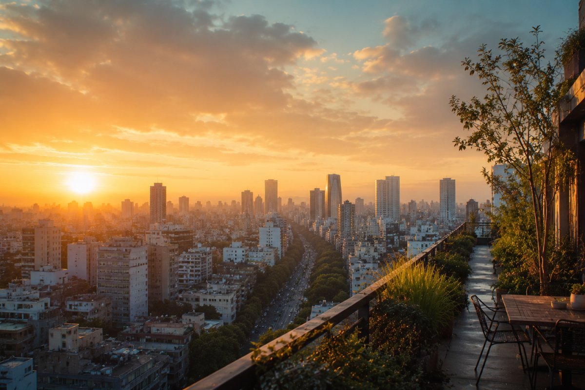Vista panorámica de la ciudad al amanecer