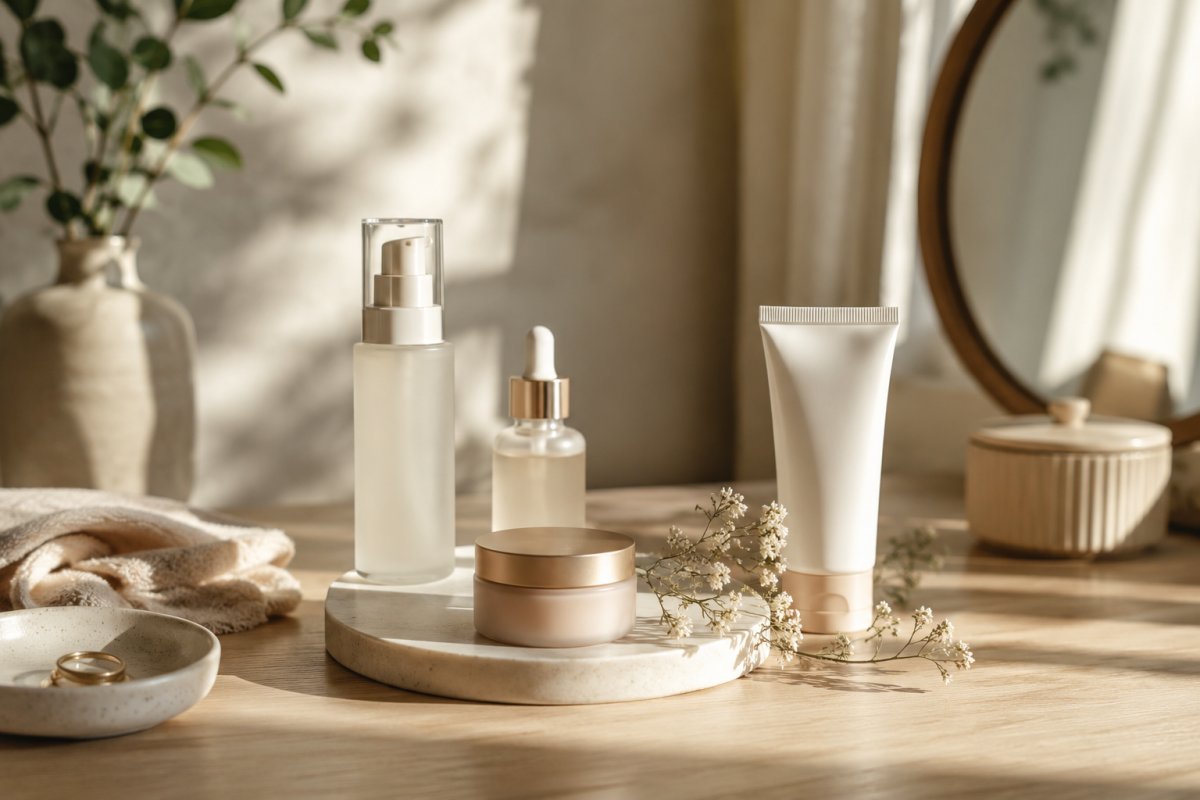 Productos de belleza minimalista sobre una mesa iluminada