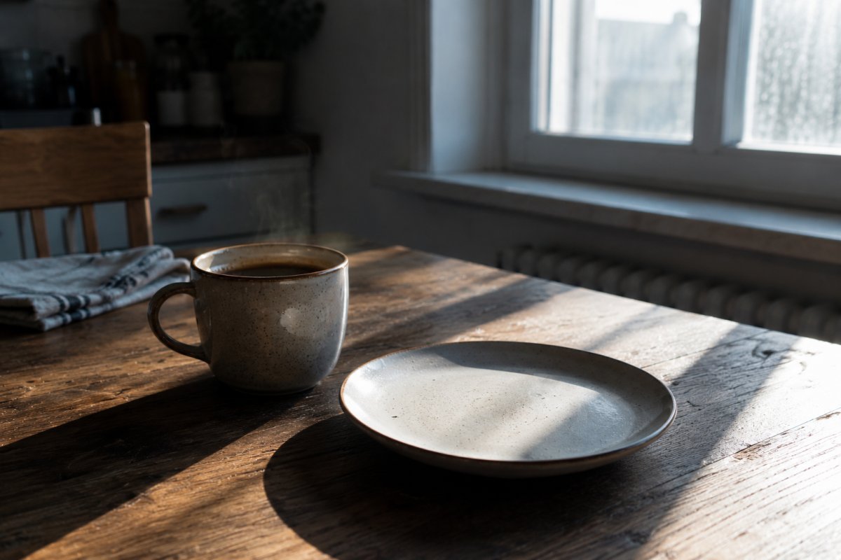 taza de café sola sobre una mesa junto a un plato vacío mientras entra luz fría de la mañana por la cocina