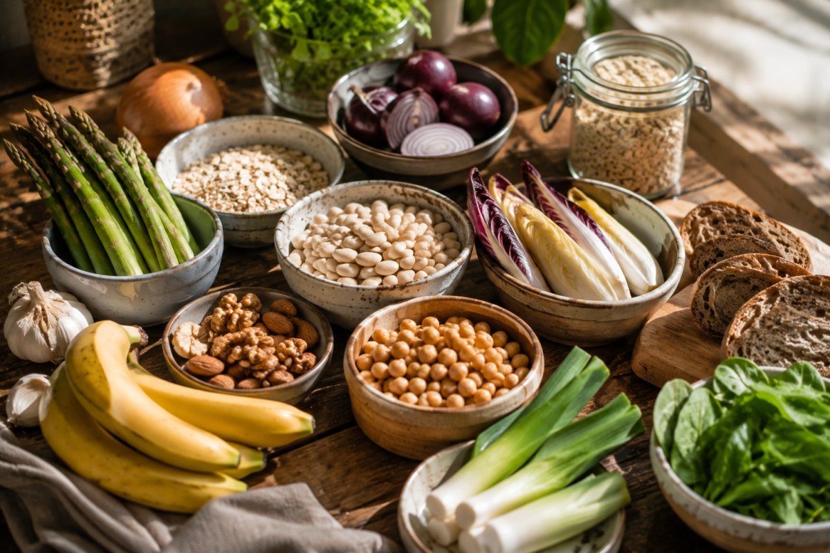 Variedad de alimentos cotidianos ricos en prebióticos sobre una mesa