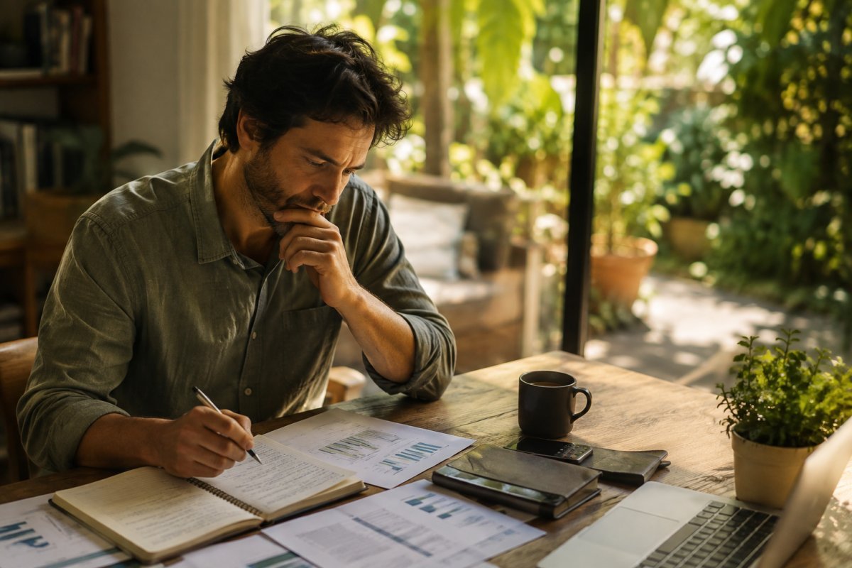 Un hombre reflexionando sobre sus finanzas personales en un entorno sereno