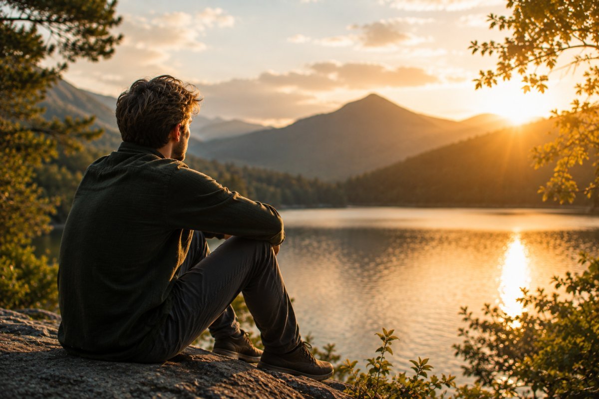 Hombre reflexionando mientras observa un paisaje sereno