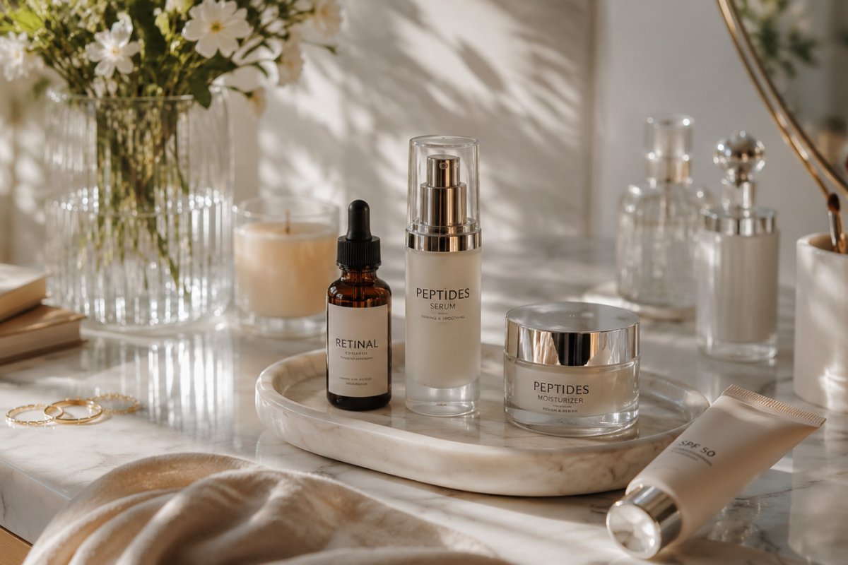 Un conjunto de productos de belleza modernos sobre una mesa elegante