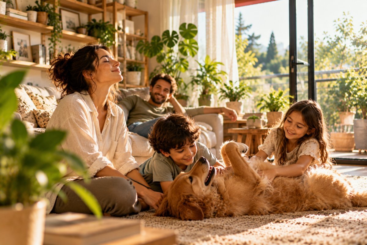 Familia disfrutando de un aire interior puro y saludable en su hogar