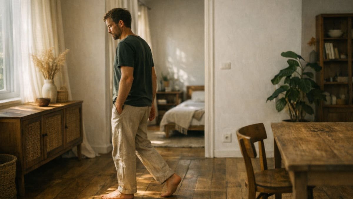 persona caminando sola en silencio dentro de su hogar con luz natural