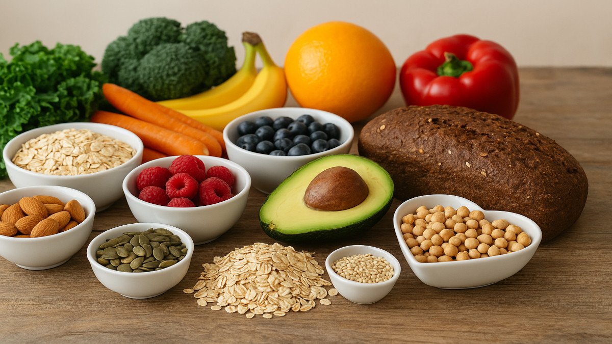 Mesa con alimentos saludables variados, frutas, verduras, cereales y utensilios de cocina, en ambiente natural y ordenado