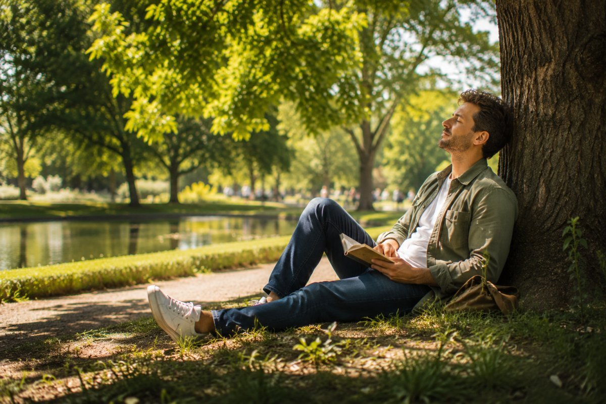 Hombre disfrutando de su tiempo personal en un parque