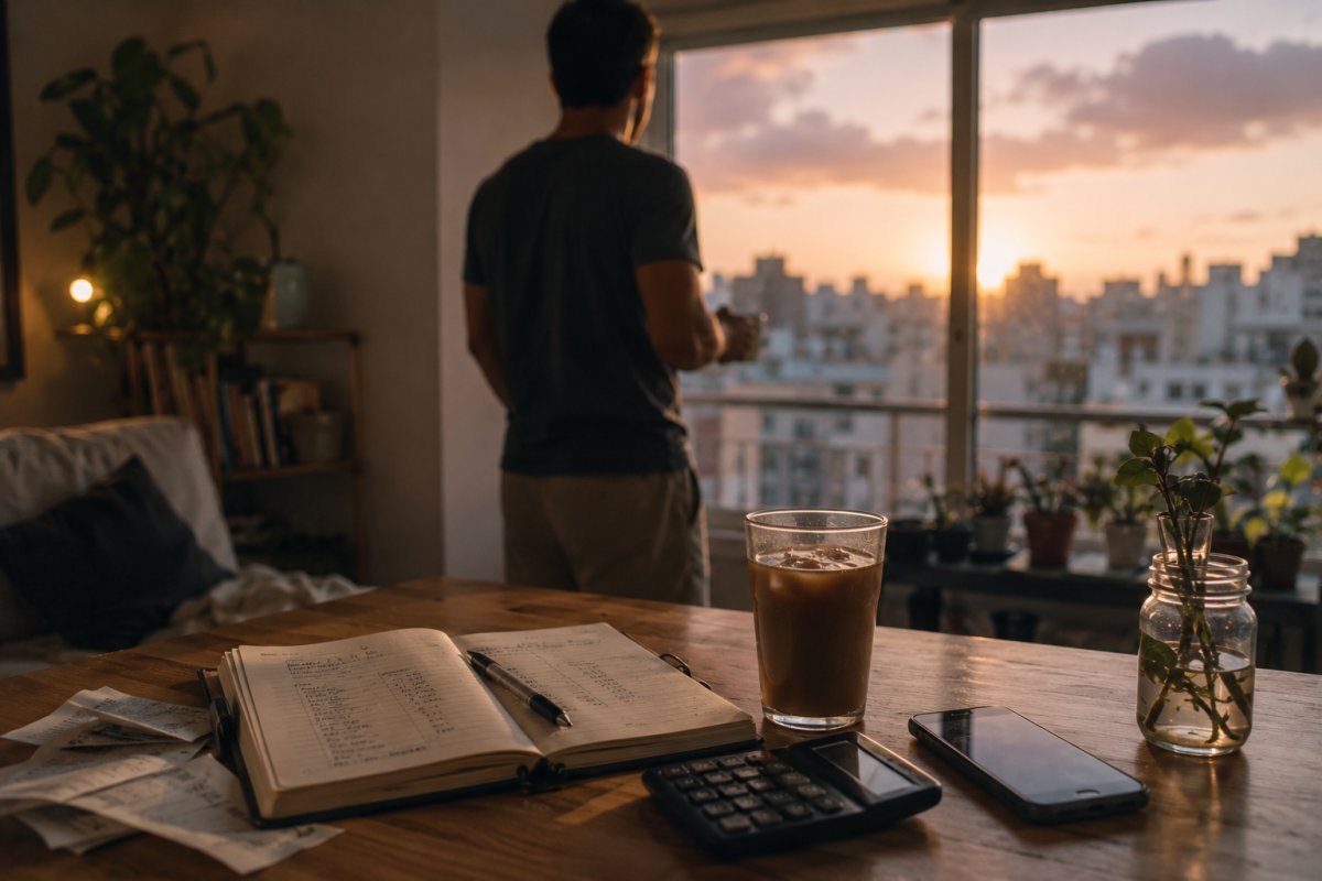 una libreta con gastos anotados junto a una taza de café fría y una calculadora mientras un hombre adulto mira por la ventana de un pequeño departamento al amanecer