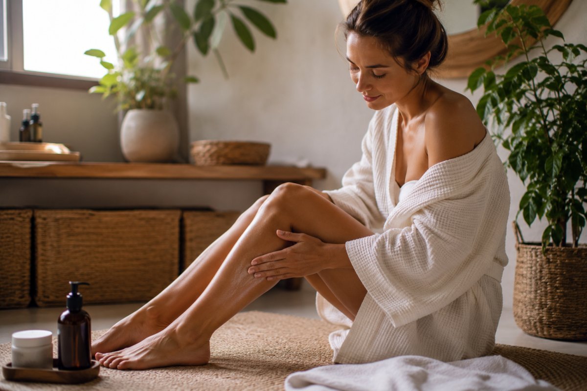 Persona aplicando autobronceador con actitud segura