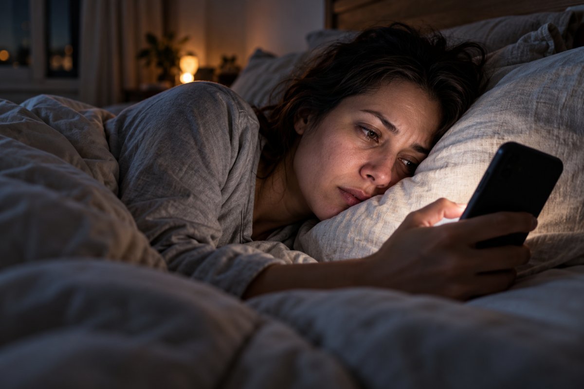 Persona usando tecnología antes de dormir, afectando el sueño