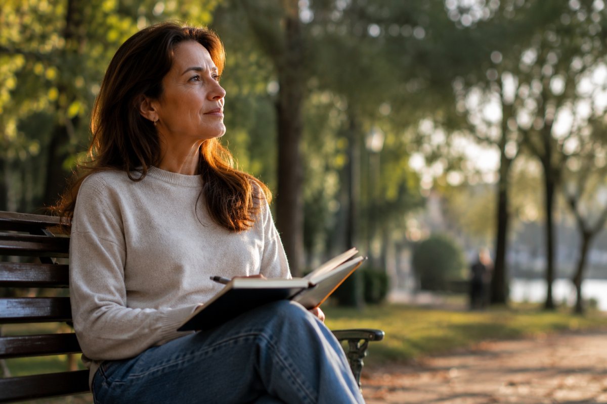 Una mujer reflexiona en un parque sobre el ritmo de su vida