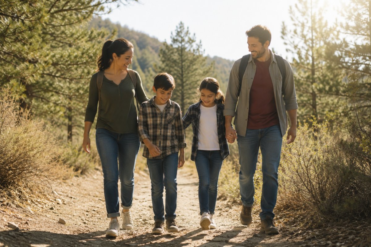 Una familia disfrutando de una caminata al aire libre en un día soleado