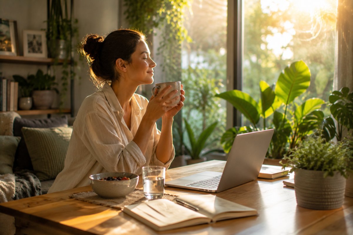 Persona disfrutando la rutina matutina perfecta para un día productivo en el home office